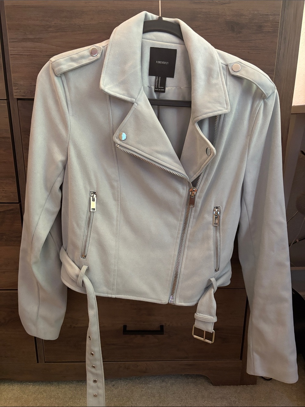 Forever 21 Light Blue Faux Suede Moto Jacket with Belt